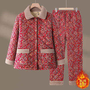 加大码 老人冬季 加绒保暖两件套 胖妈妈加肥家居棉衣棉裤 棉服奶奶装