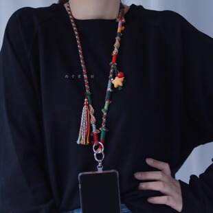 圣诞节拼色手机挂绳棉绳编织多用途挂脖斜挎手机链相机背带