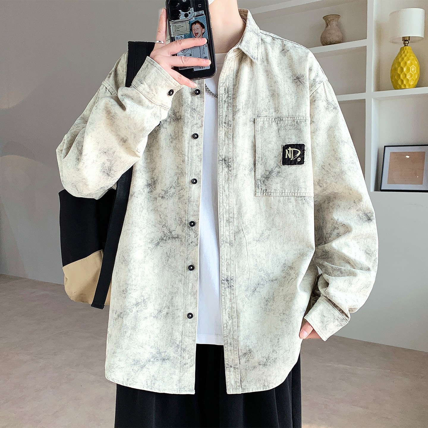 纯棉长袖衬衫男款春秋季夹克痞帅扎染工装上衣服宽松休闲衬衣外套