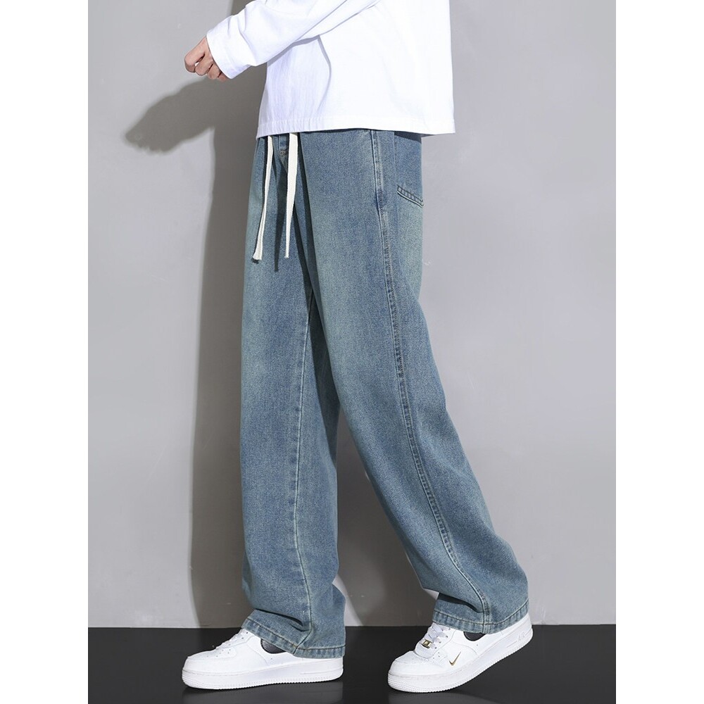 加绒牛仔裤男秋冬新款宽松直筒阔腿裤子男青少年潮牌水洗休闲长裤