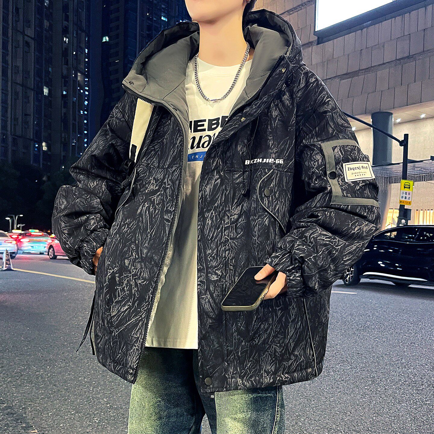 加绒加厚外套男秋冬季扎染连帽夹克男宽松休闲高级感冬装防寒服潮