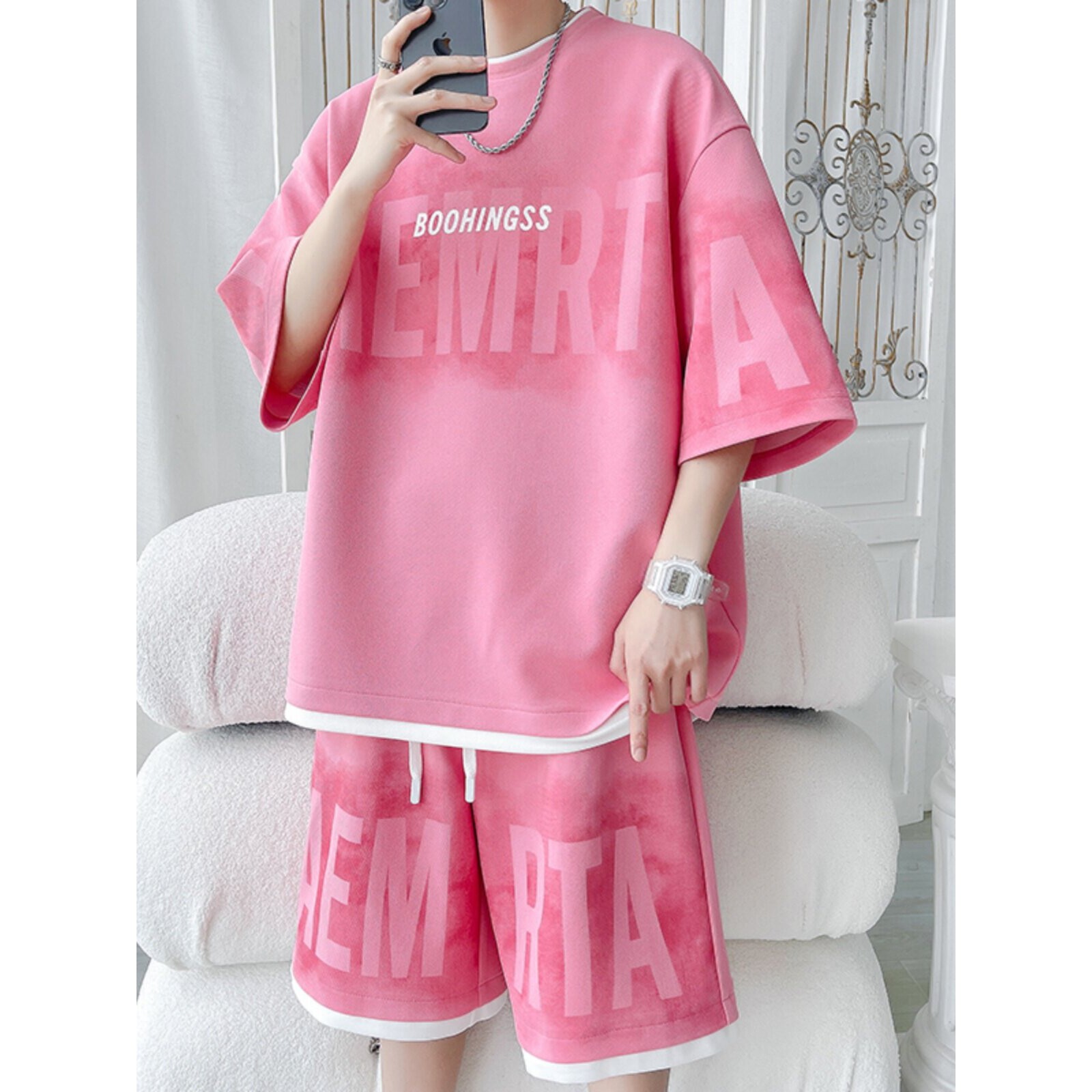 冰丝短袖T恤男套装夏季青少年学生潮流帅气夏天男装穿搭一套衣服