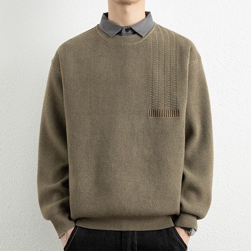 高级轻奢假两件毛衣男士秋冬季加厚衬衫领针织衫休闲翻领线衣内搭