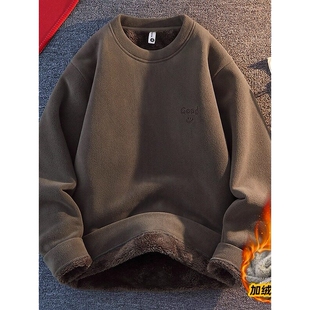 加绒卫衣男秋冬季潮加厚圆领青少年长袖羊羔绒奥粒绒保暖内搭衣服