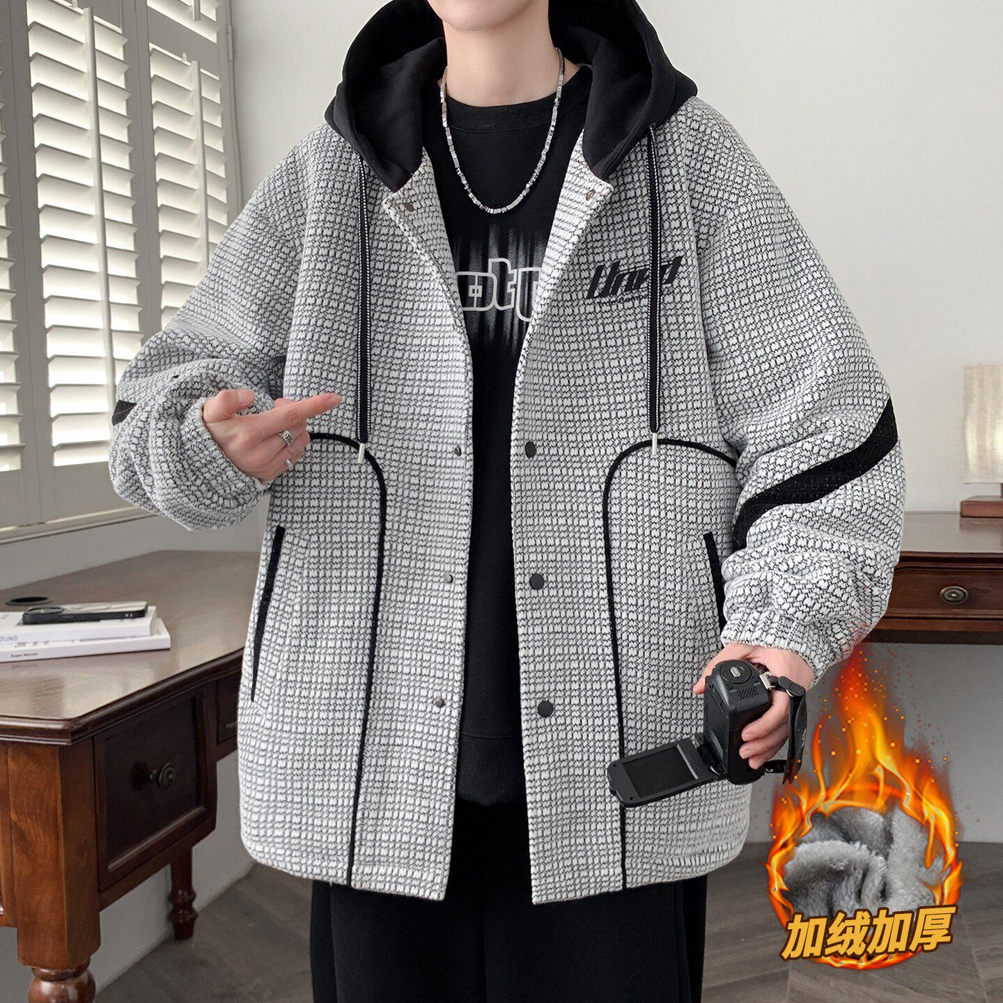 加绒加厚外套男秋冬季撞色连帽夹克男潮牌格子冬装保暖防寒棉衣服
