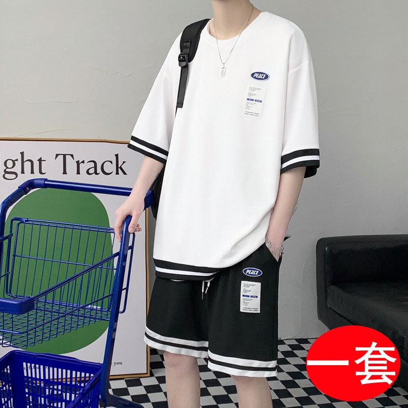 夏季13冰丝青少年短袖t恤男孩12-15岁初中学生14帅气大童潮牌套装