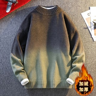 一体绒半高领毛衣男款冬季加绒加厚2025新款青少年保暖打底针织衫