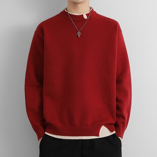 高端假两件本命年红色男士毛衣秋冬季2025新款加厚保暖打底针织衫