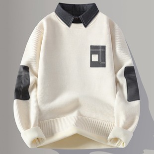 秋冬款青少年男生衬衫领毛衣假两件针织加绒高级感条纹毛线衣外套