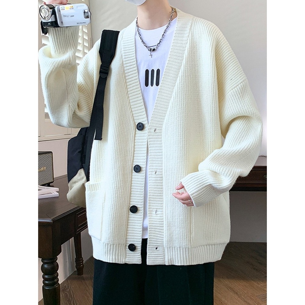 白色开衫毛衣外套男秋冬款潮牌宽松针织衫夹克青少年高级感毛线衫