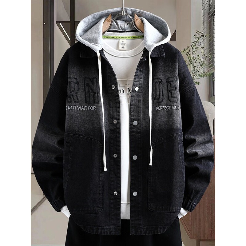 可脱卸连帽牛仔外套男渐变色字母刺绣宽松夹克2026春季复古上衣服