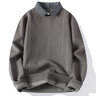 衬衫领毛衣男秋冬季2024新款潮牌打底针织衫男装高级感假两件线衣