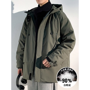 连帽工装风羽绒服男冬季墨绿色户外防寒服青少年保暖加厚鸭绒外套
