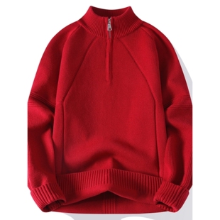 本命年红色毛衣男冬季加厚立领半拉链针织衫马年高领宽松保暖线衣