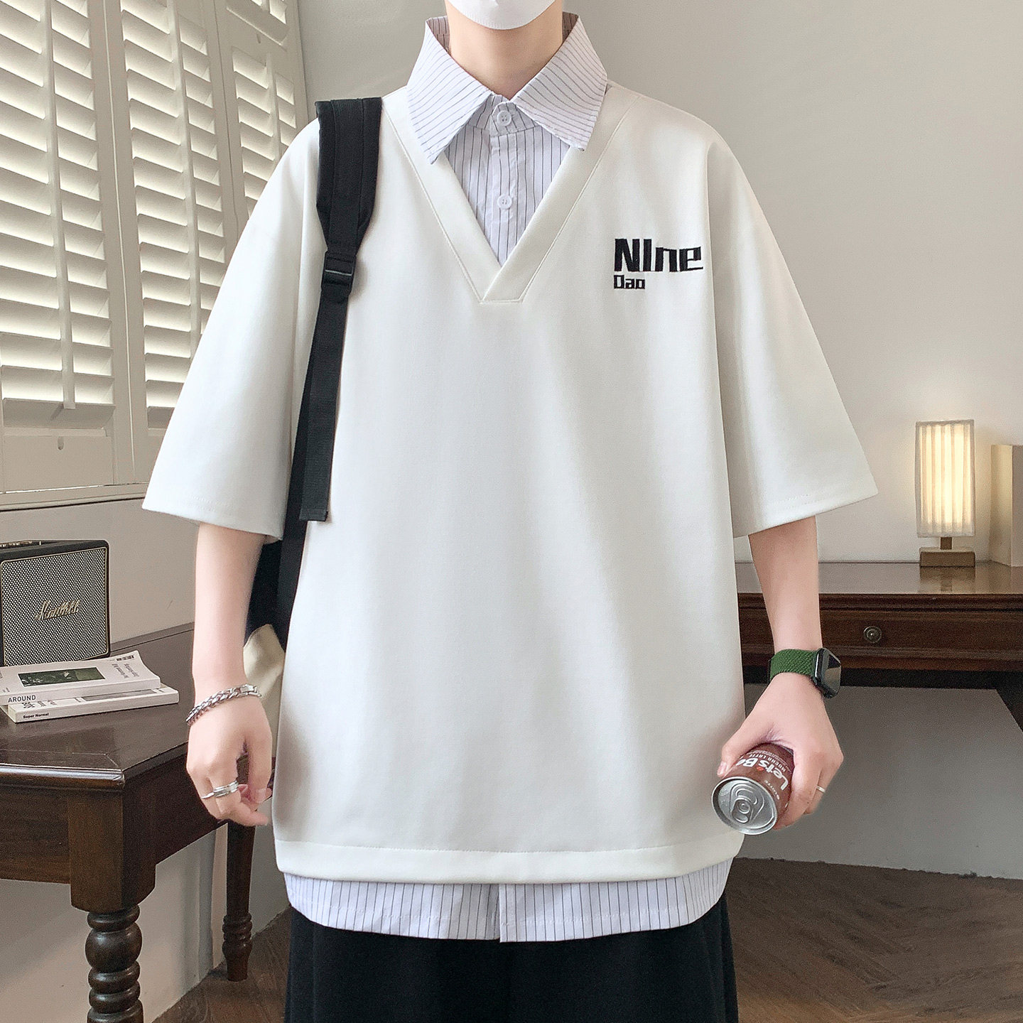 假两件短袖t恤男衬衫领上衣服初高中学生半袖青少年夏季潮牌体恤