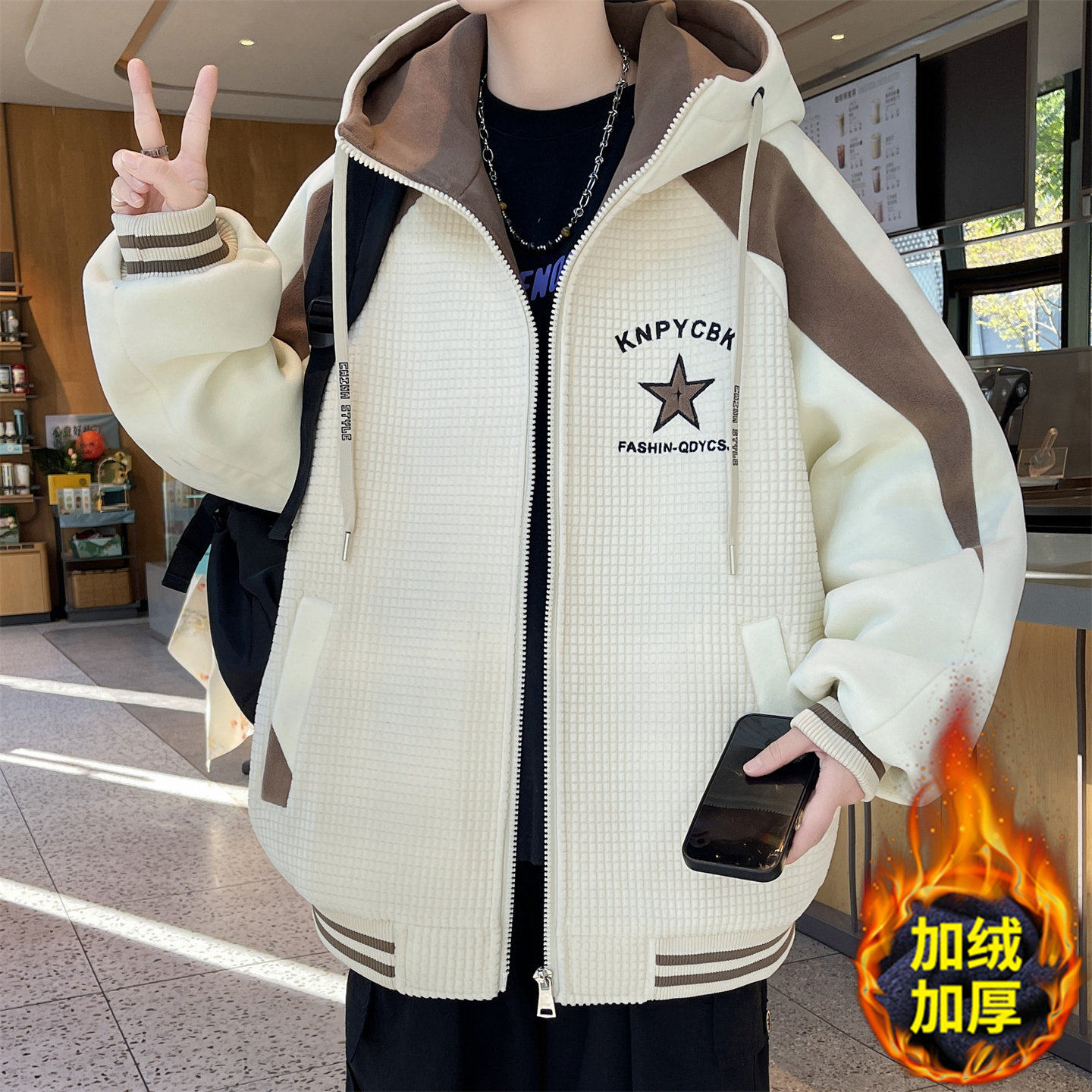 秋冬季加绒加厚棒球服外套男高中初中学生夹克棉服青少年大童冬装