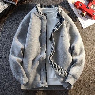 假两件格子拼接开衫毛衣男款秋冬季老钱风加绒针织棒球服夹克外套