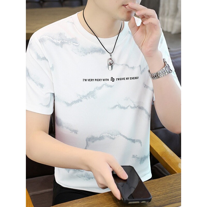 夏季2026年新款圆领印花字母短袖t恤男青年修身冰丝吊染半袖上衣