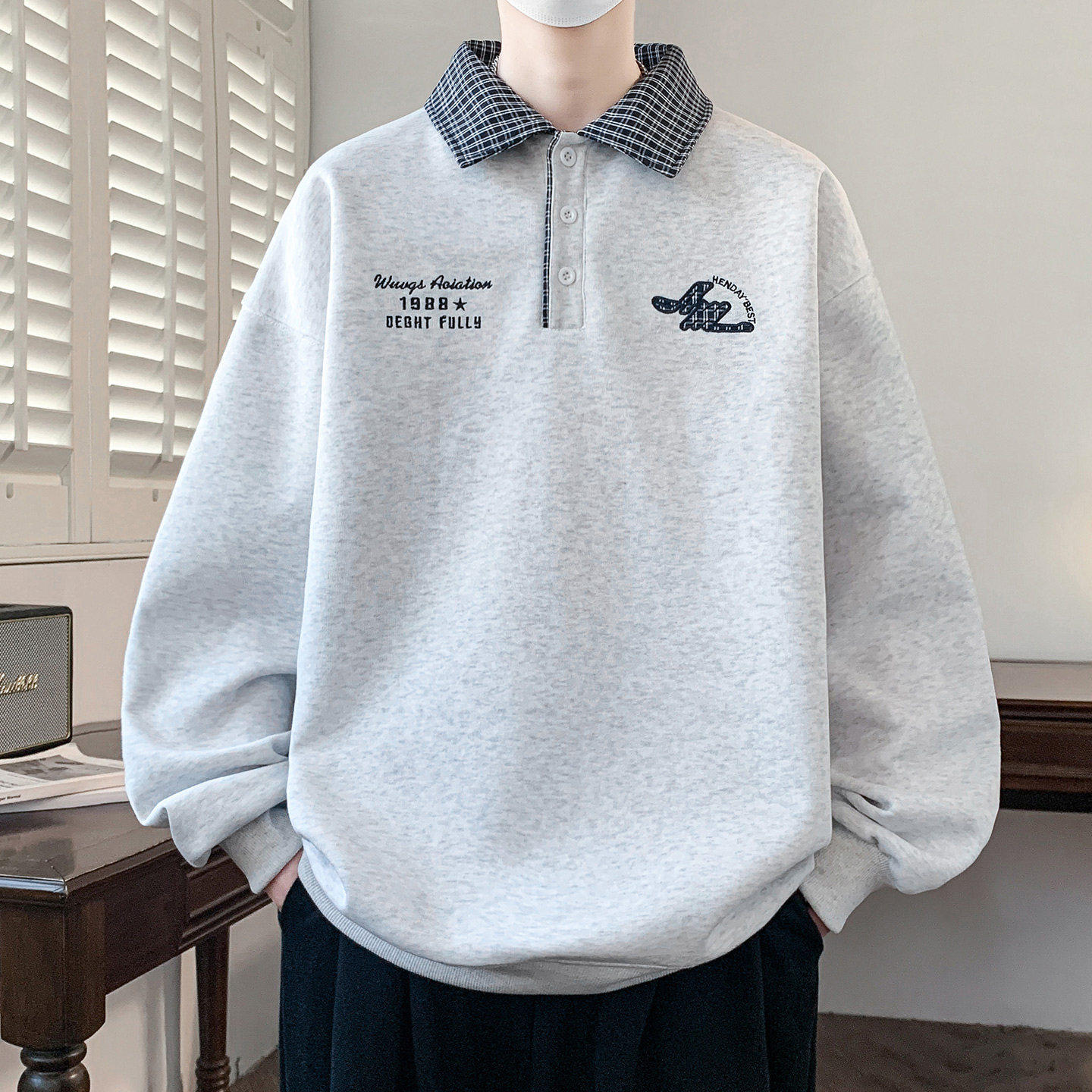 衬衫领卫衣男士春秋季潮流刺绣宽松打底衫初高中学生青少年上衣服