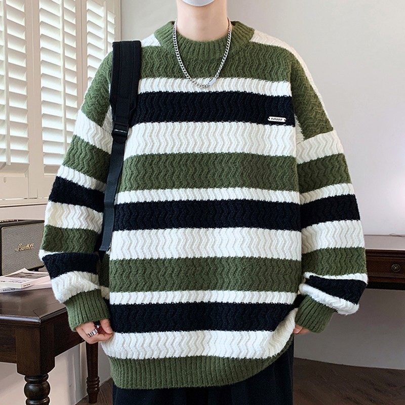 条纹毛衣男秋冬季潮牌针织衫青少年学生宽松慵懒加厚保暖线衣外套,运动服/休闲服装,运动套装,淘宝优惠券,粉丝福利购,淘宝优惠卷