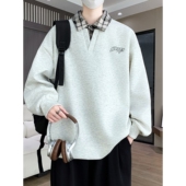 t恤男生外套青少年港风套头衫 领长袖 格子衬衫 假两件卫衣男春秋款