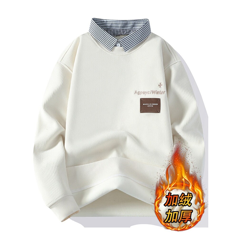 假两件毛衣男秋冬季加绒加厚衬衫领内搭保暖衣服青少年针织打底衫