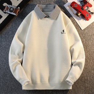 假两件毛衣男款冬季潮牌高品质刺绣衬衫领加绒加厚男装针织打底衫