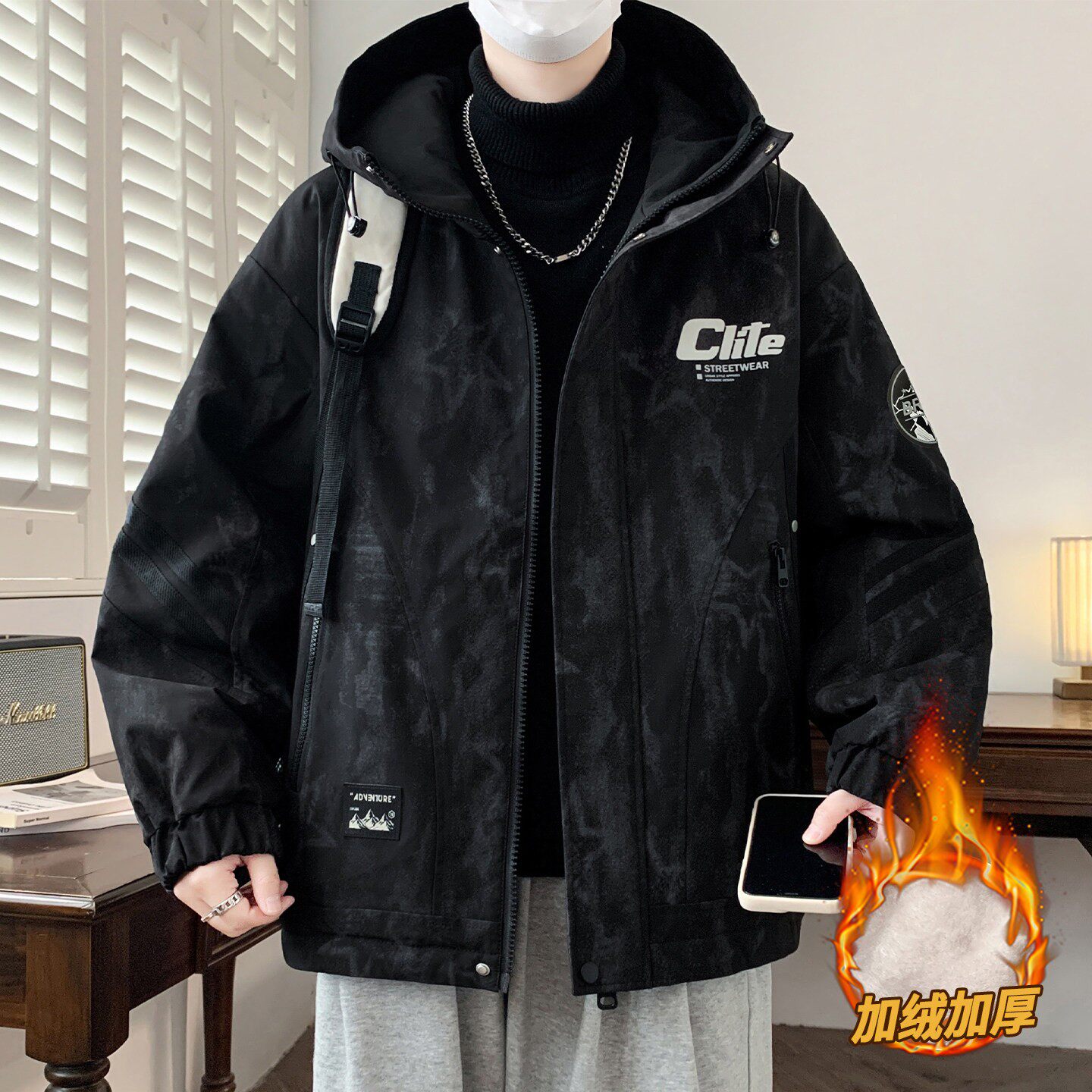 加绒加厚夹克男秋冬季扎染印花工装外套男潮牌冬装保暖防寒上衣服