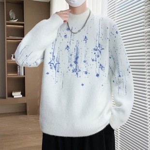 青少年毛衣男秋冬季半高领潮牌星星线衣男款水貂绒加厚保暖针织衫