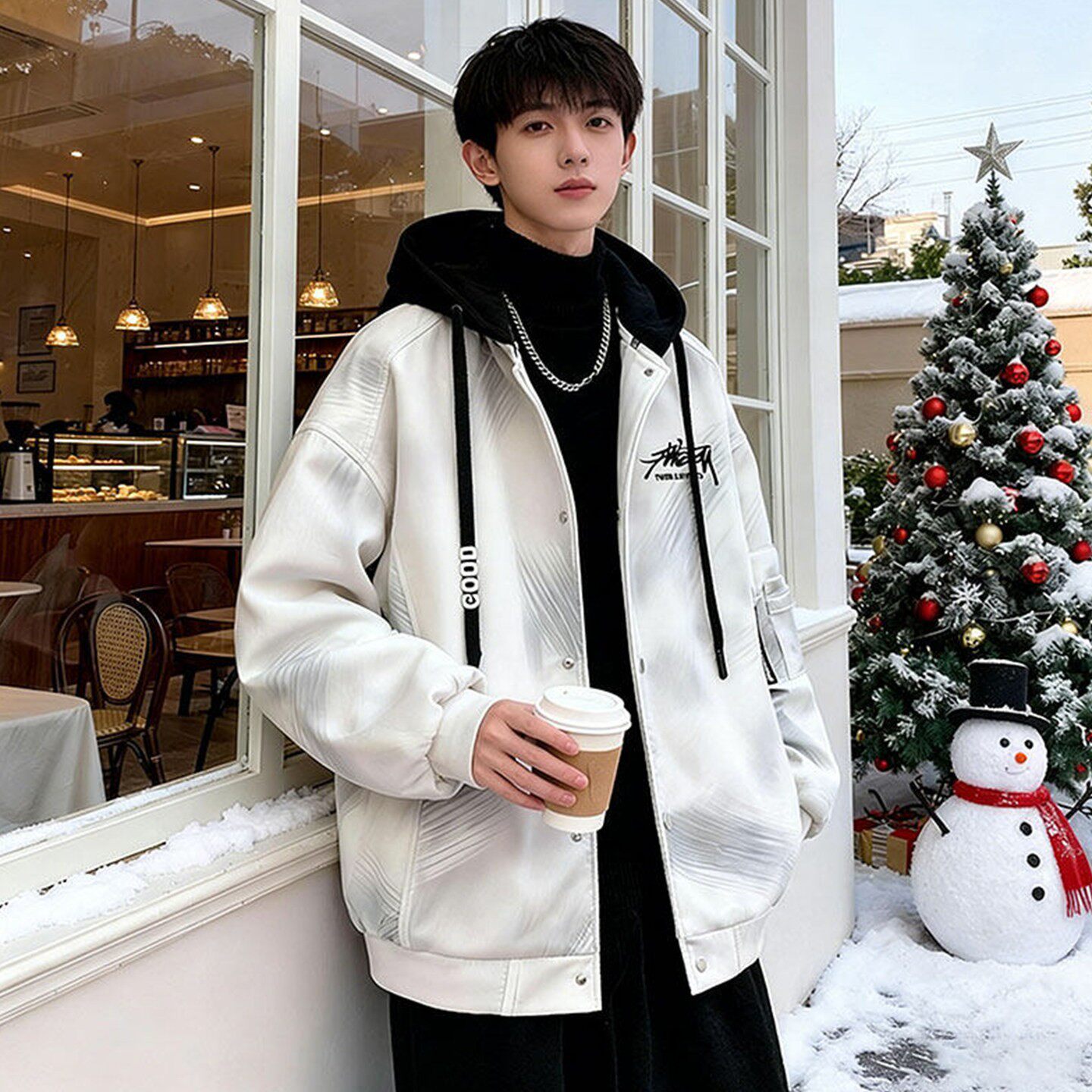 美式扎染外套男春秋季新款可拆卸连帽春装保暖夹克宽松防风上衣服