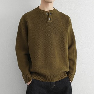 高级感纯棉亨利领毛衣男秋冬季宽松简约慵懒老钱风加厚打底针织衫