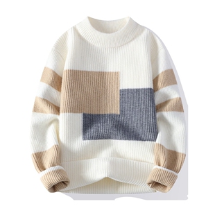 撞色毛衣男冬季加绒加厚潮牌针织衫男宽松高级感慵懒秋冬保暖线衣