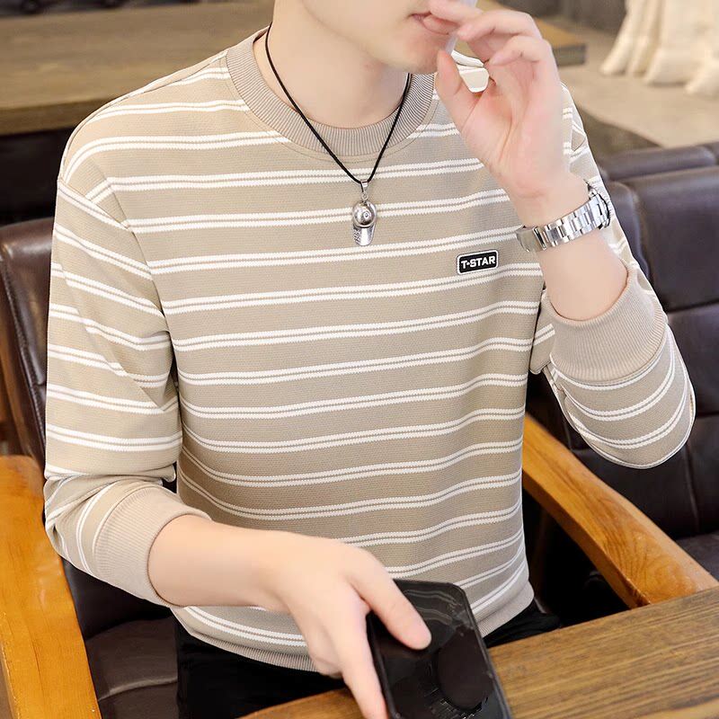 条纹卫衣男圆领套头宽松打底衫2026新款春秋上衣加绒加厚长袖t恤