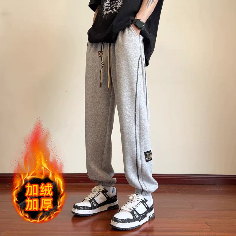 青少年加绒裤子男生秋冬季加厚休闲裤初中生学生大童束脚运动卫裤