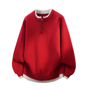 亨利领假两件毛衣男款冬季红色本命年V领开叉马年衣服加厚针织衫