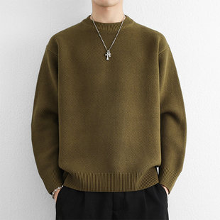 重磅纯棉套头圆领毛衣男士秋冬季新款慵懒加厚内搭打底针织衫上衣