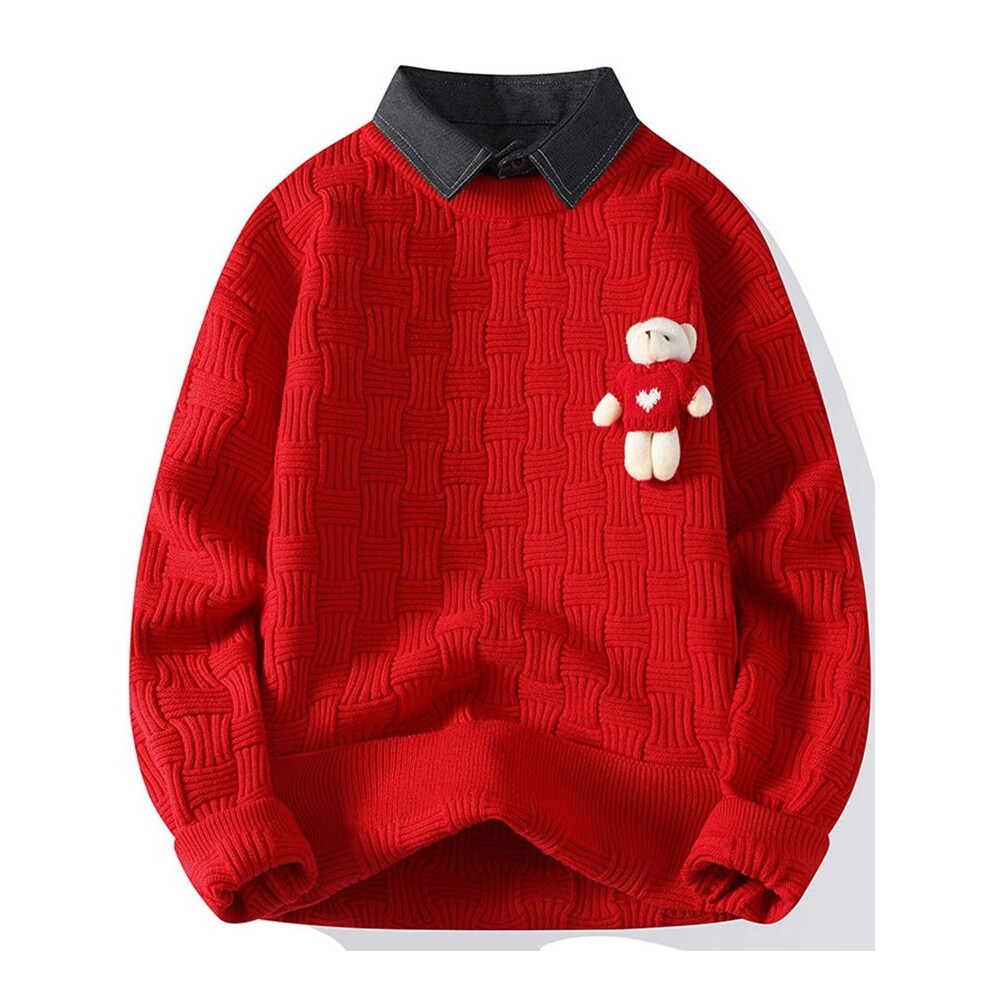 立体小熊假两件毛衣男冬季本命年红色衬衫领针织衫新年内搭打底衫