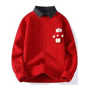立体小熊假两件毛衣男冬季本命年红色衬衫领针织衫新年内搭打底衫