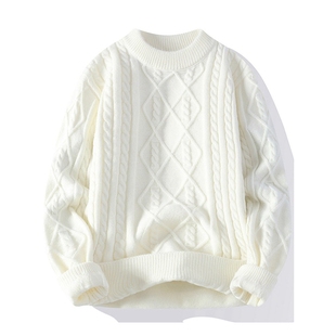 白色圆领毛衣男秋冬季新款潮流绞花纹毛衫男士半高领加厚针织衫潮