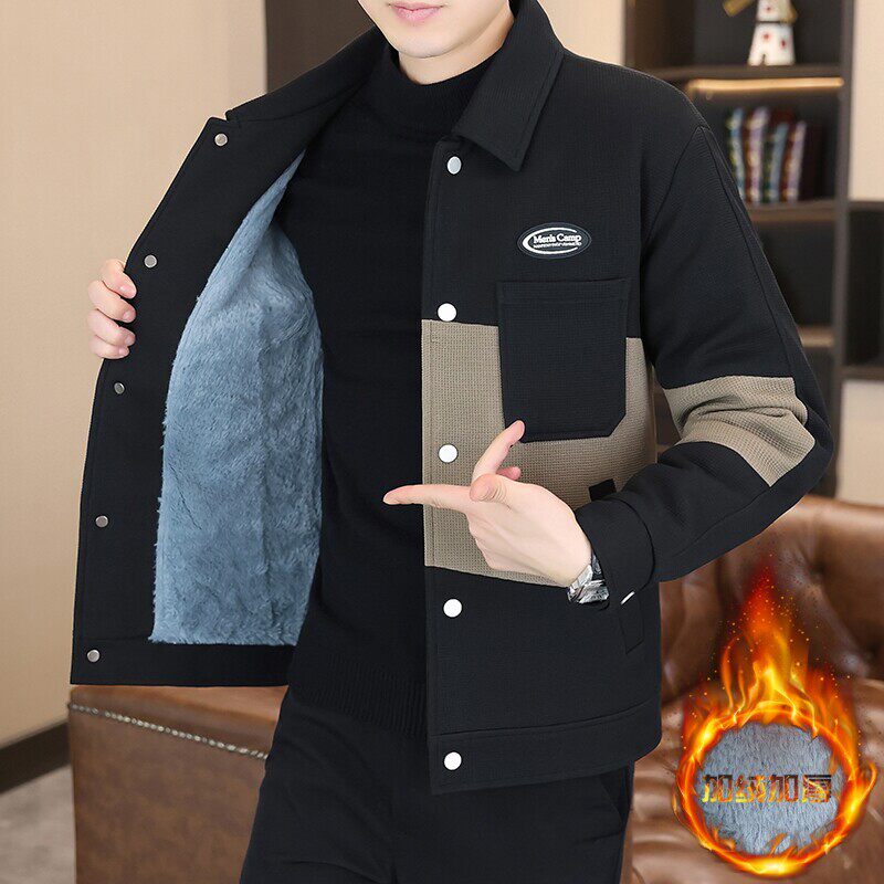 男士翻领修身夹克秋冬季潮牌休闲2025新款加绒加厚保暖外套棉服