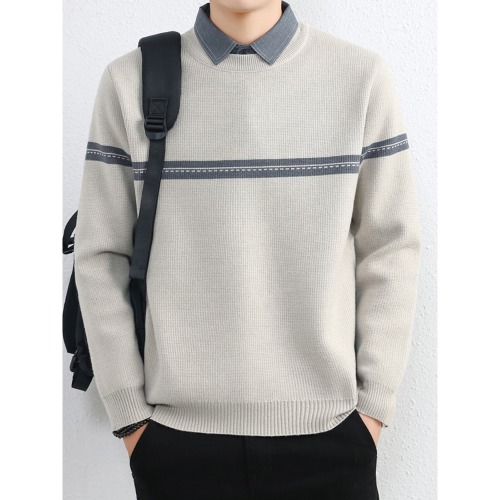 假两件毛衣男秋冬季新款衬衫领高级感宽松加绒加厚针织保暖打底衫