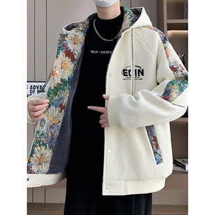 新中式国风连帽外套男秋冬季加绒加厚灯芯绒夹克男宽松帅气上衣服