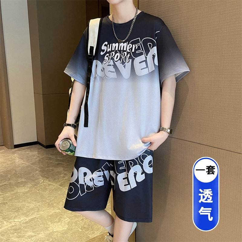 夏季冰丝青少年短袖t恤男2026新款初中学生潮牌大童篮球衣服套装