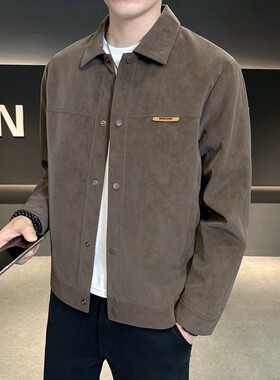 麂皮绒春装外套男士2026春秋季新款潮流加绒上衣服皮衣翻领夹克男