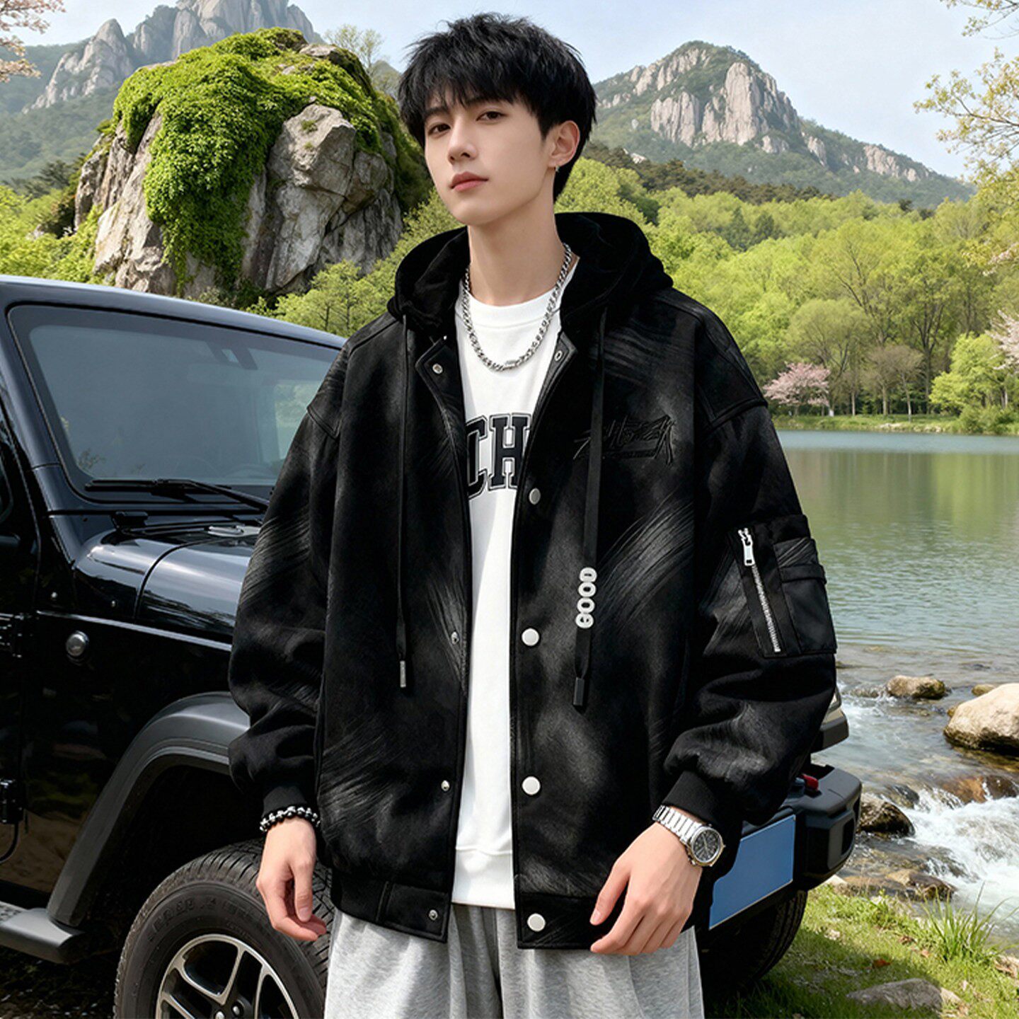 美式风刺绣外套男春秋季新款可拆卸连帽春装衣服宽松休闲廓形夹克