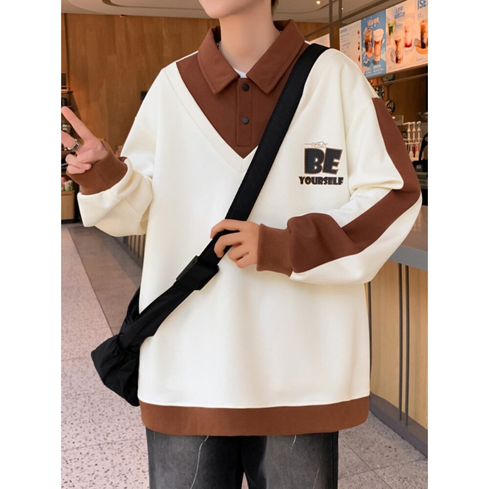 衬衫领卫衣男秋冬款拼色潮流学院风长袖t恤男潮牌宽松休闲上衣服