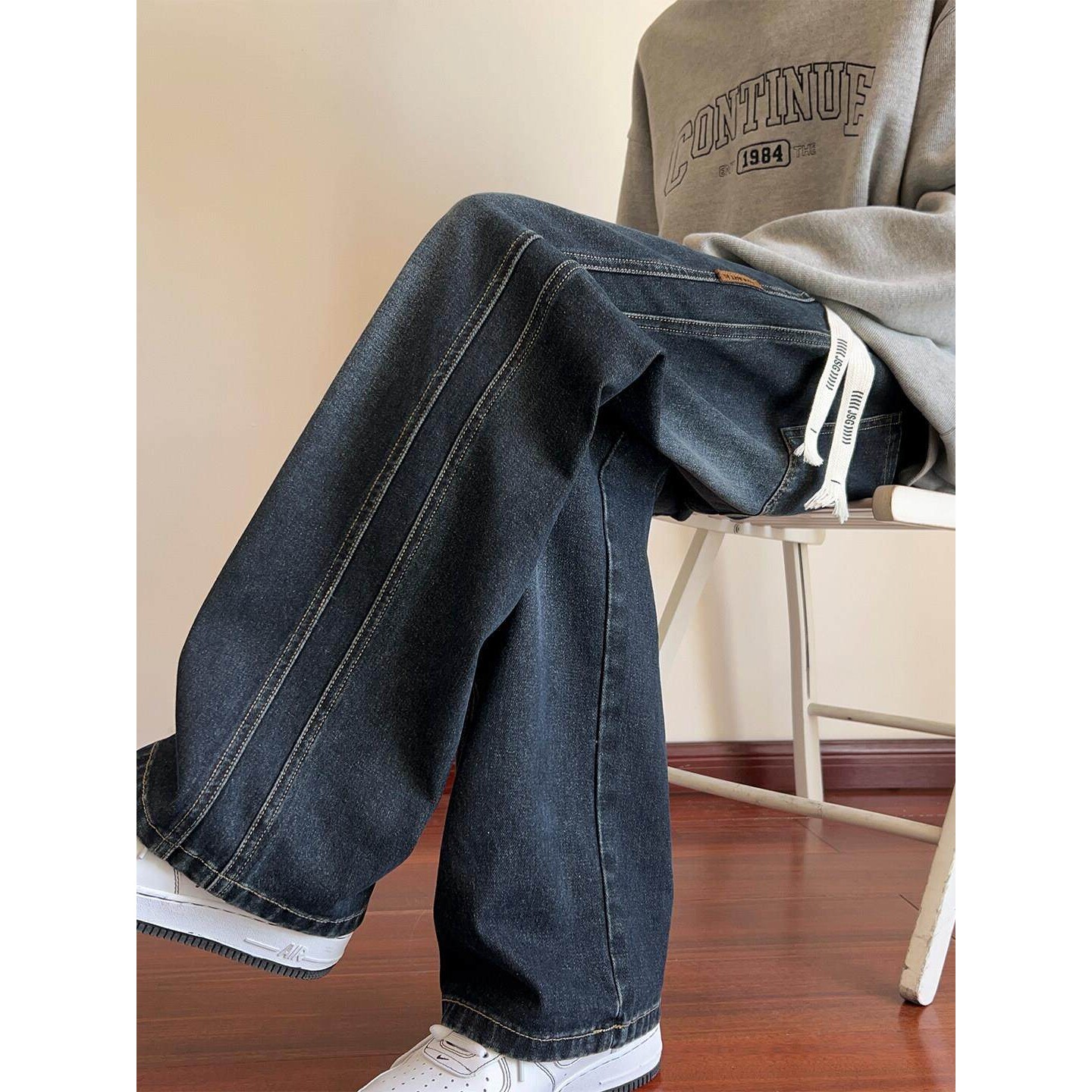 春秋款牛仔裤子男孩初中高中学生潮牌帅气青少年大童阔腿直筒长裤