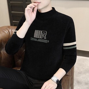 男士毛衣半高领秋冬季加绒加厚款针织打底衫中领保暖内搭潮流线衣