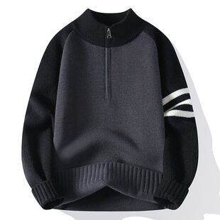 高级感半拉链高领毛衣男冬季加厚毛线衣服青少年撞色插肩袖针织衫