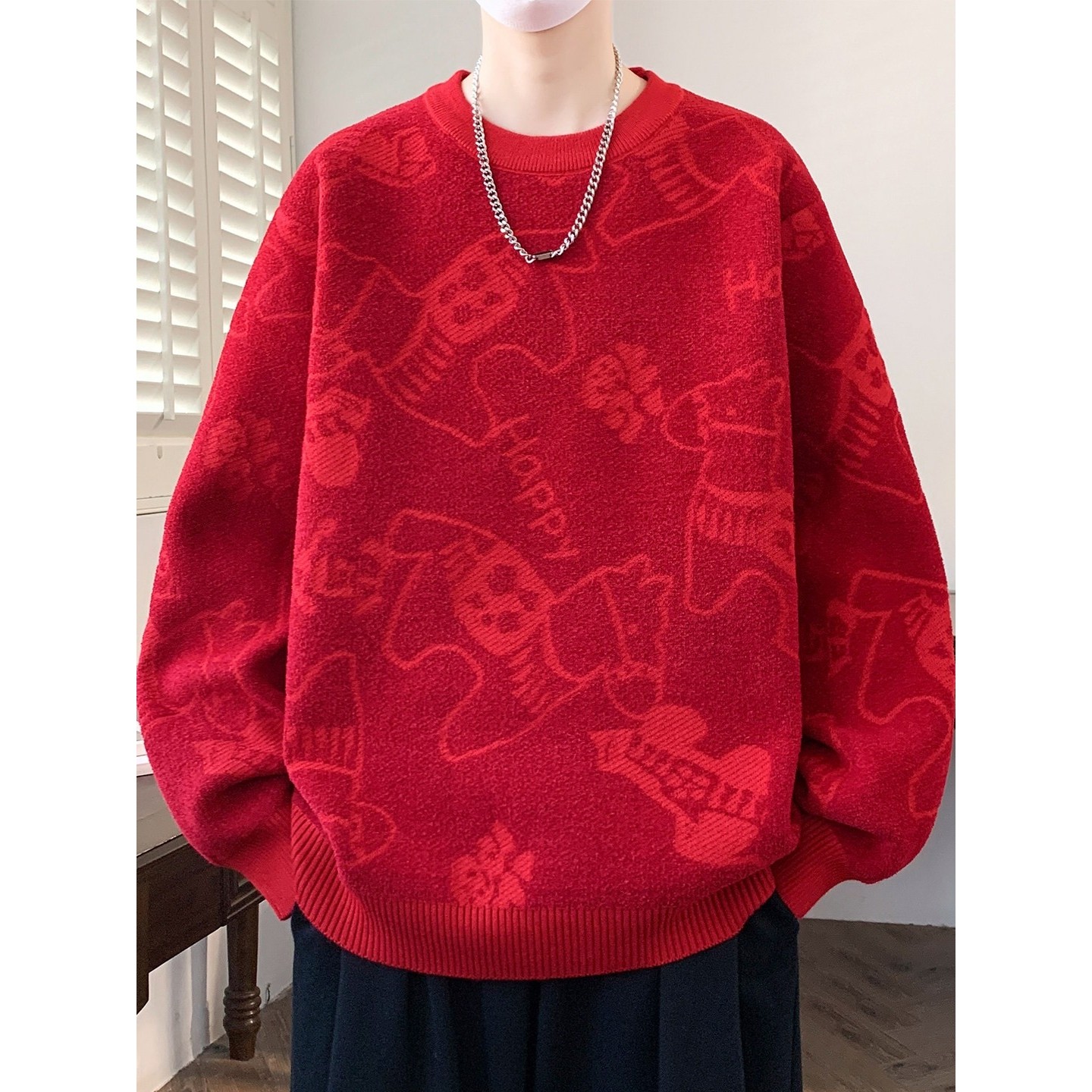 红色毛衣男款冬季本命年小马针织打底衫男加厚保暖大童学生毛线衣